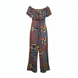 Banjul Women's Colorful Jumpsuit Off Shoulder Ruffle w. Belt Size Large